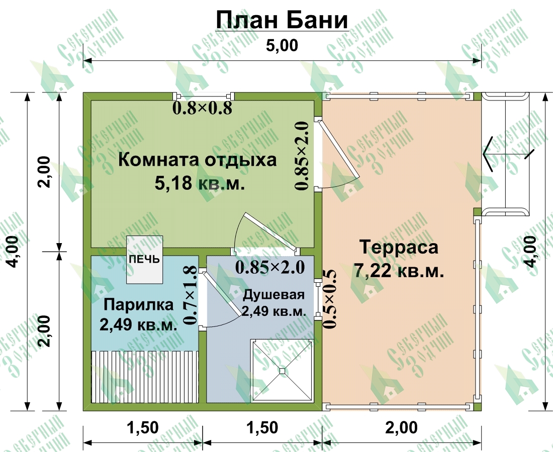 План одноэтажной бани из бруса стеррасой 